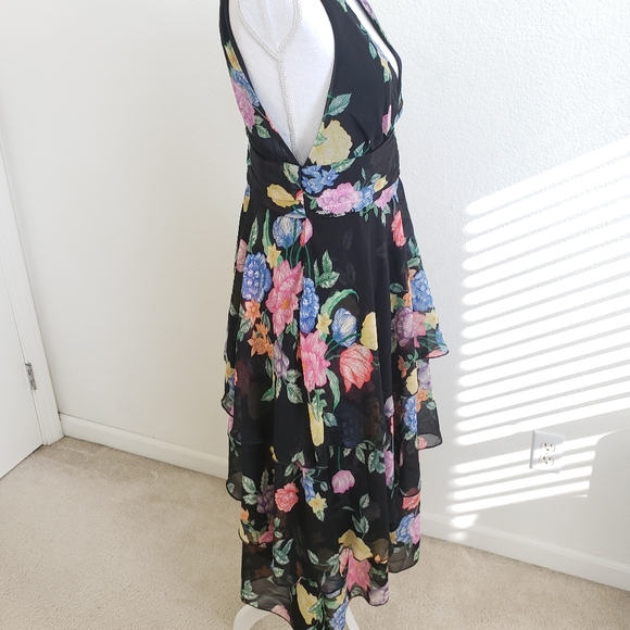 black floral plunge pinafore dress